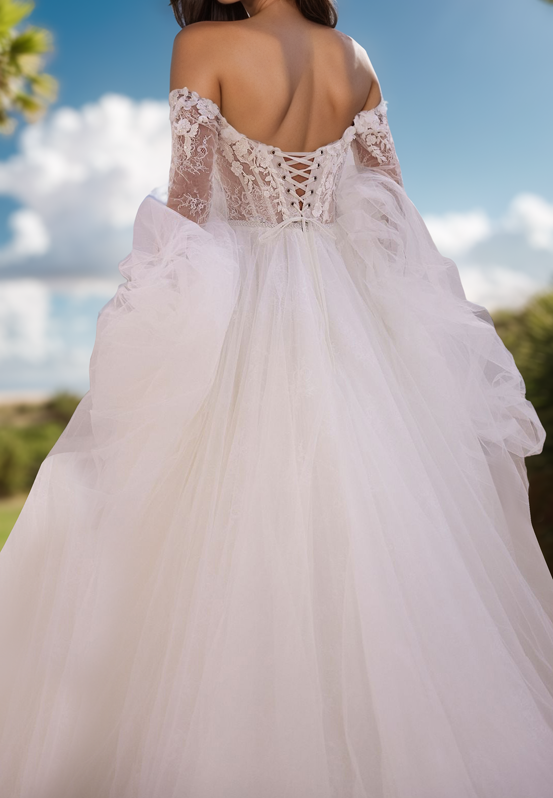 Off-Shoulder Long Sleeves Lace Appliques Ball Gown Wedding Dress