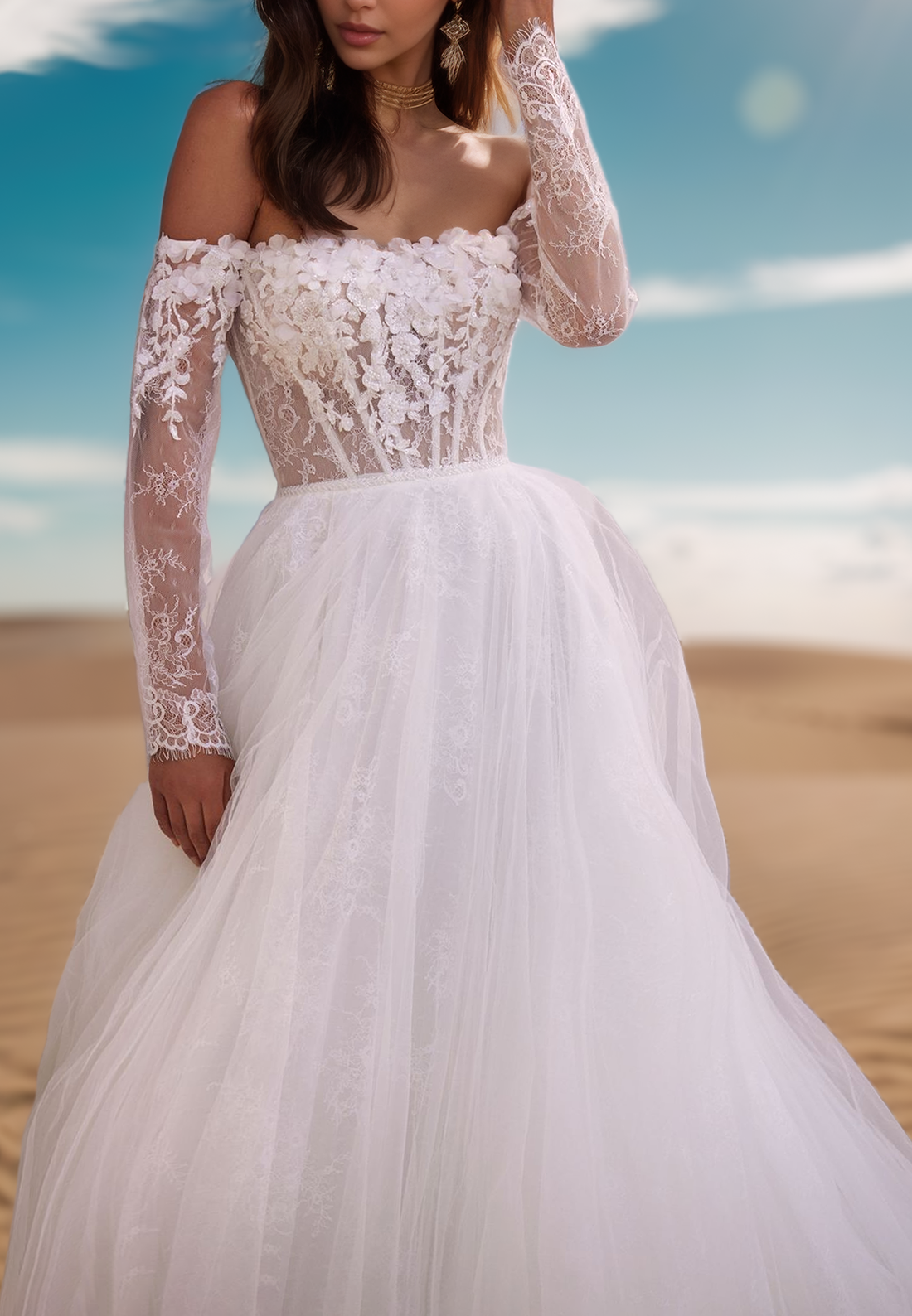 Off-Shoulder Long Sleeves Lace Appliques Ball Gown Wedding Dress