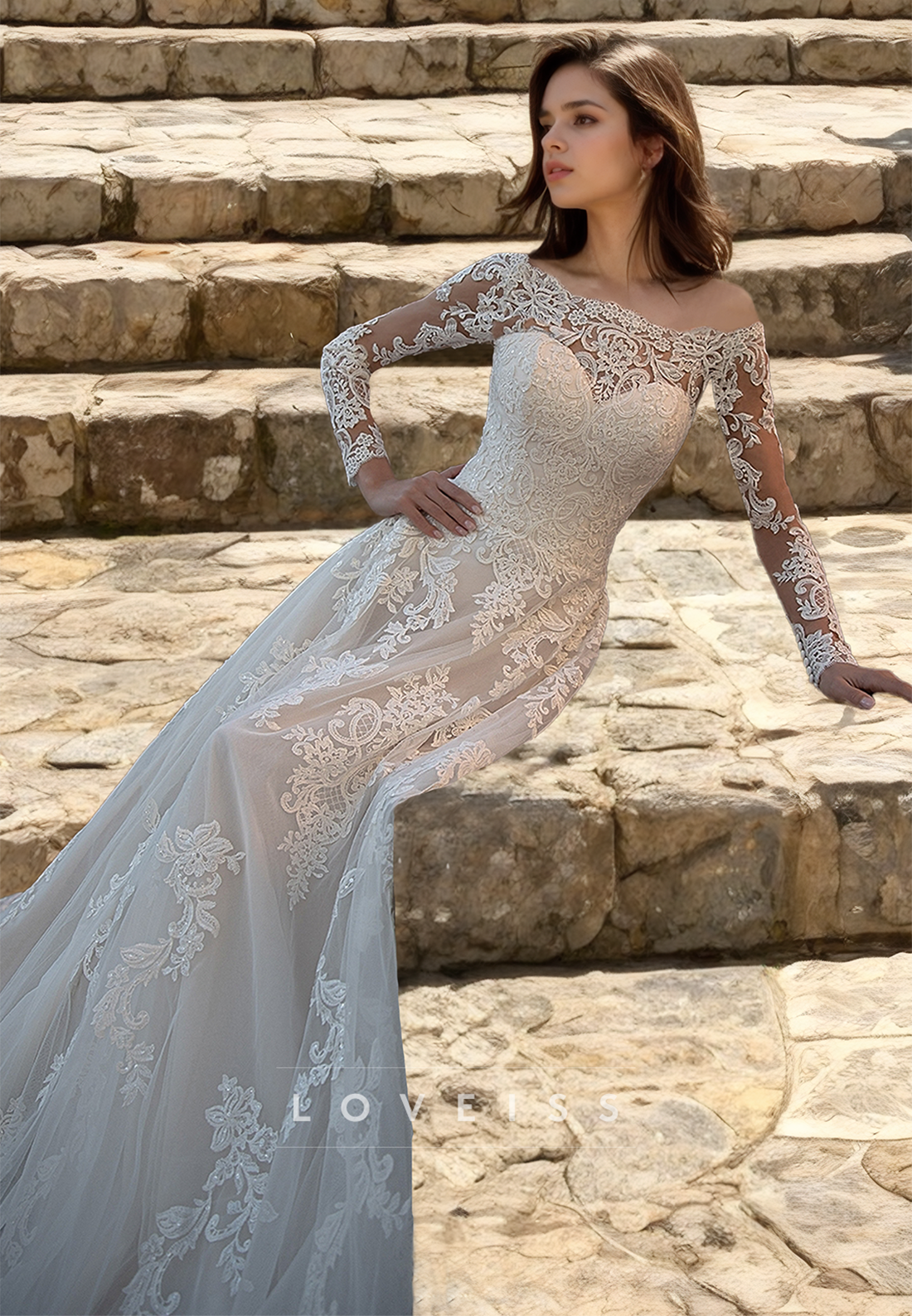 Off-Shoulder Long Sleeves Lace Appliques Ball Gown Wedding Dress
