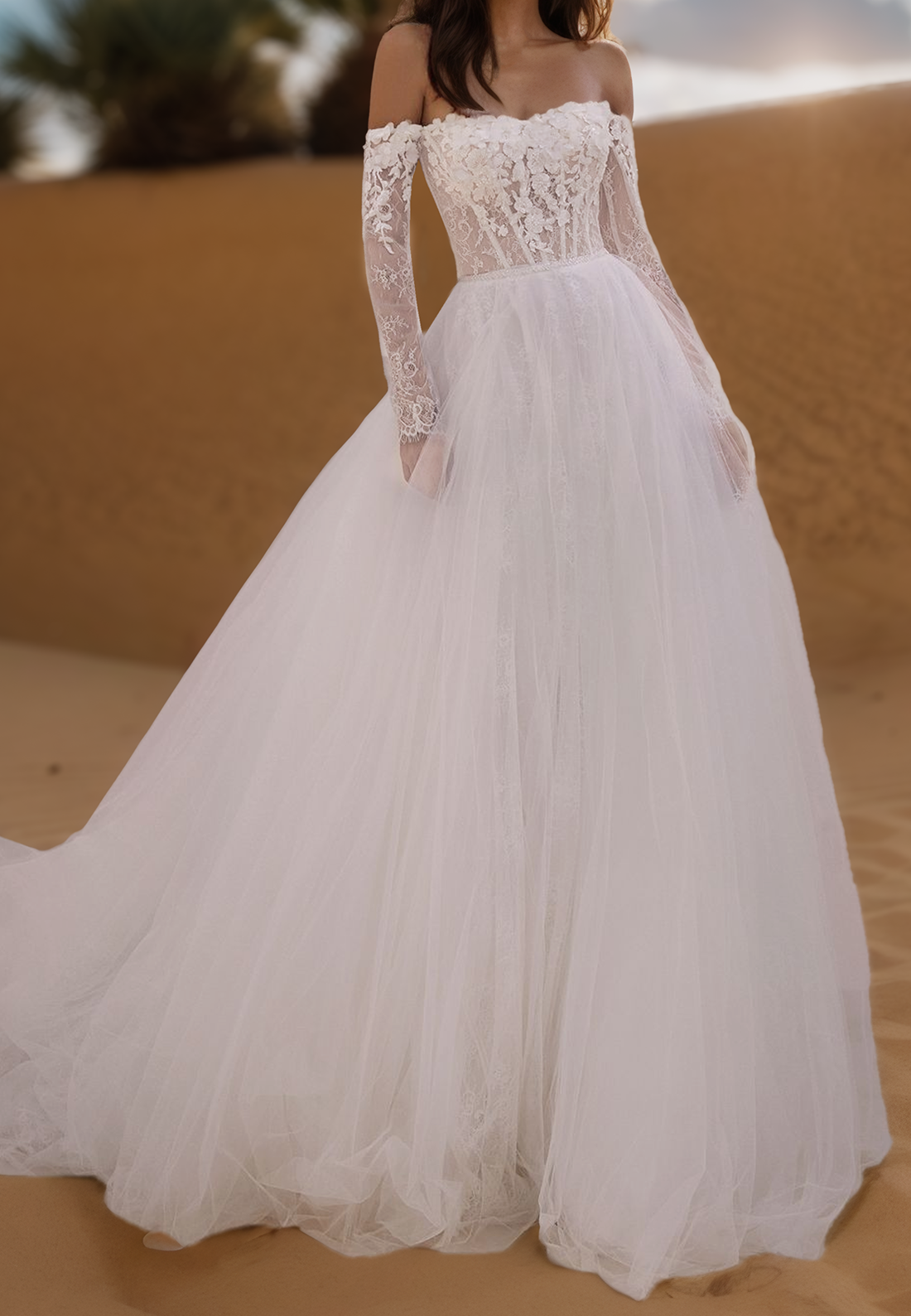 Off-Shoulder Long Sleeves Lace Appliques Ball Gown Wedding Dress