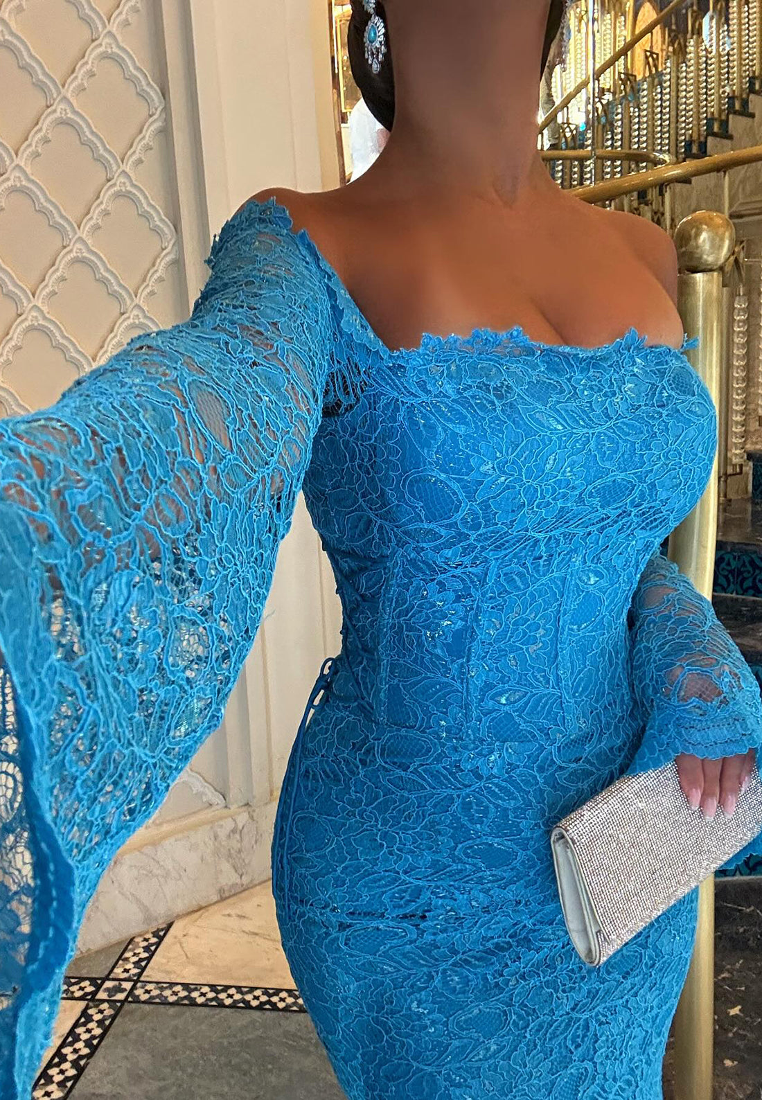 Off-Shoulder Long Sleeves Lace Appliques Mermaid Evening Dress
