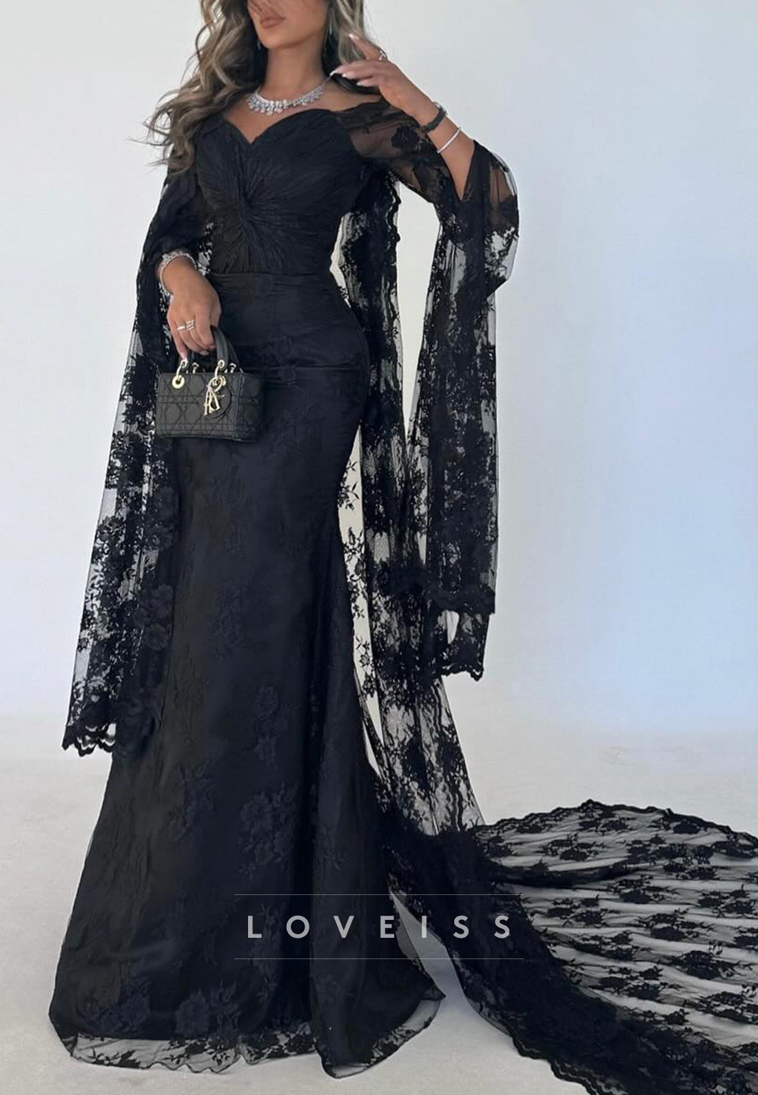 Off-Shoulder Long Sleeves Lace Appliques Mermaid Evening Dress