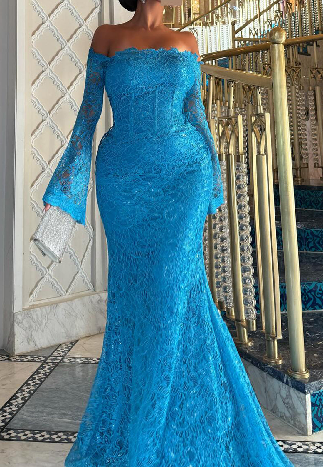Off-Shoulder Long Sleeves Lace Appliques Mermaid Evening Dress