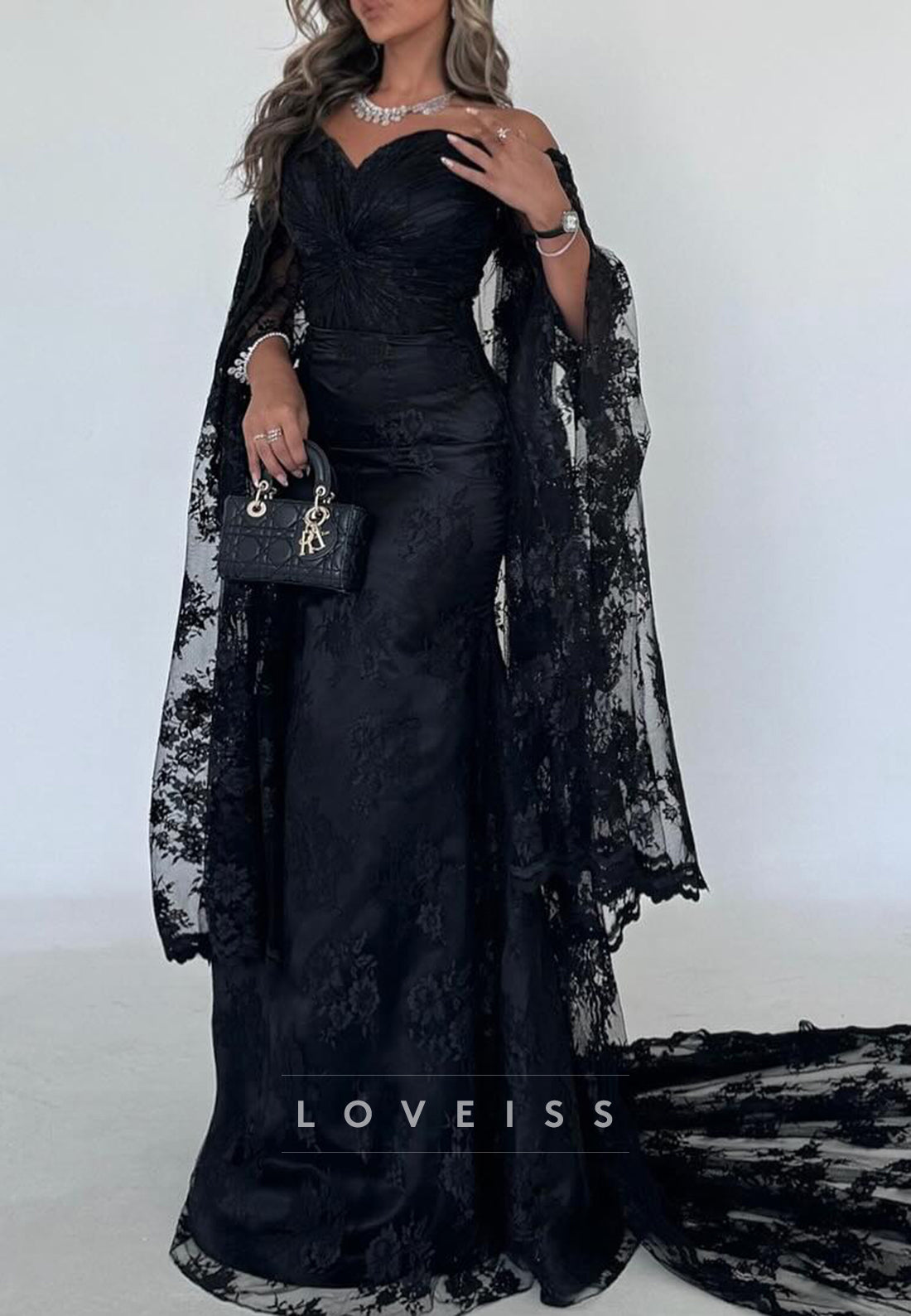 Off-Shoulder Long Sleeves Lace Appliques Mermaid Evening Dress