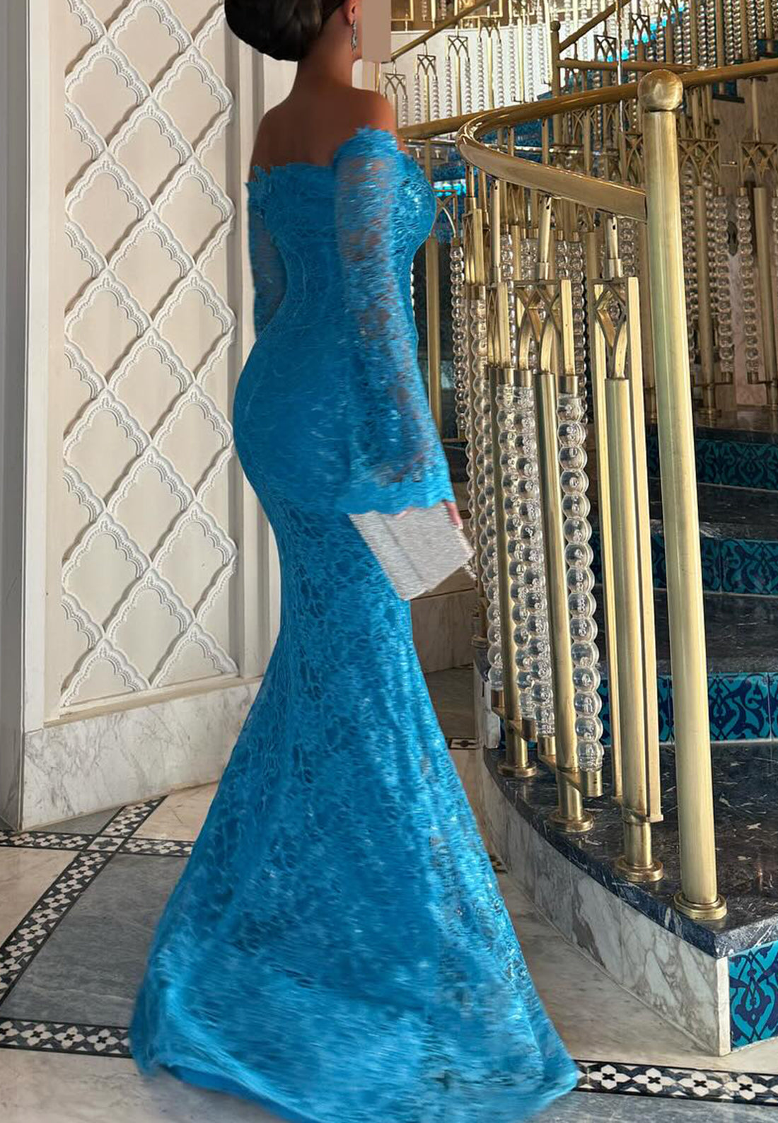 Off-Shoulder Long Sleeves Lace Appliques Mermaid Evening Dress