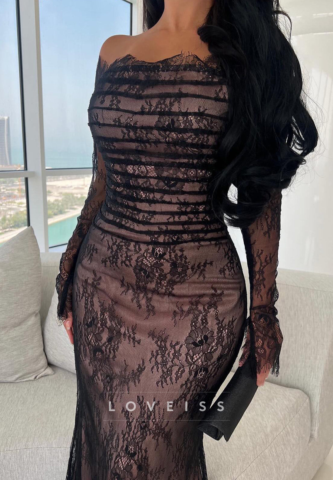 Off-Shoulder Long Sleeves Lace Appliques Mermaid Formal Dress
