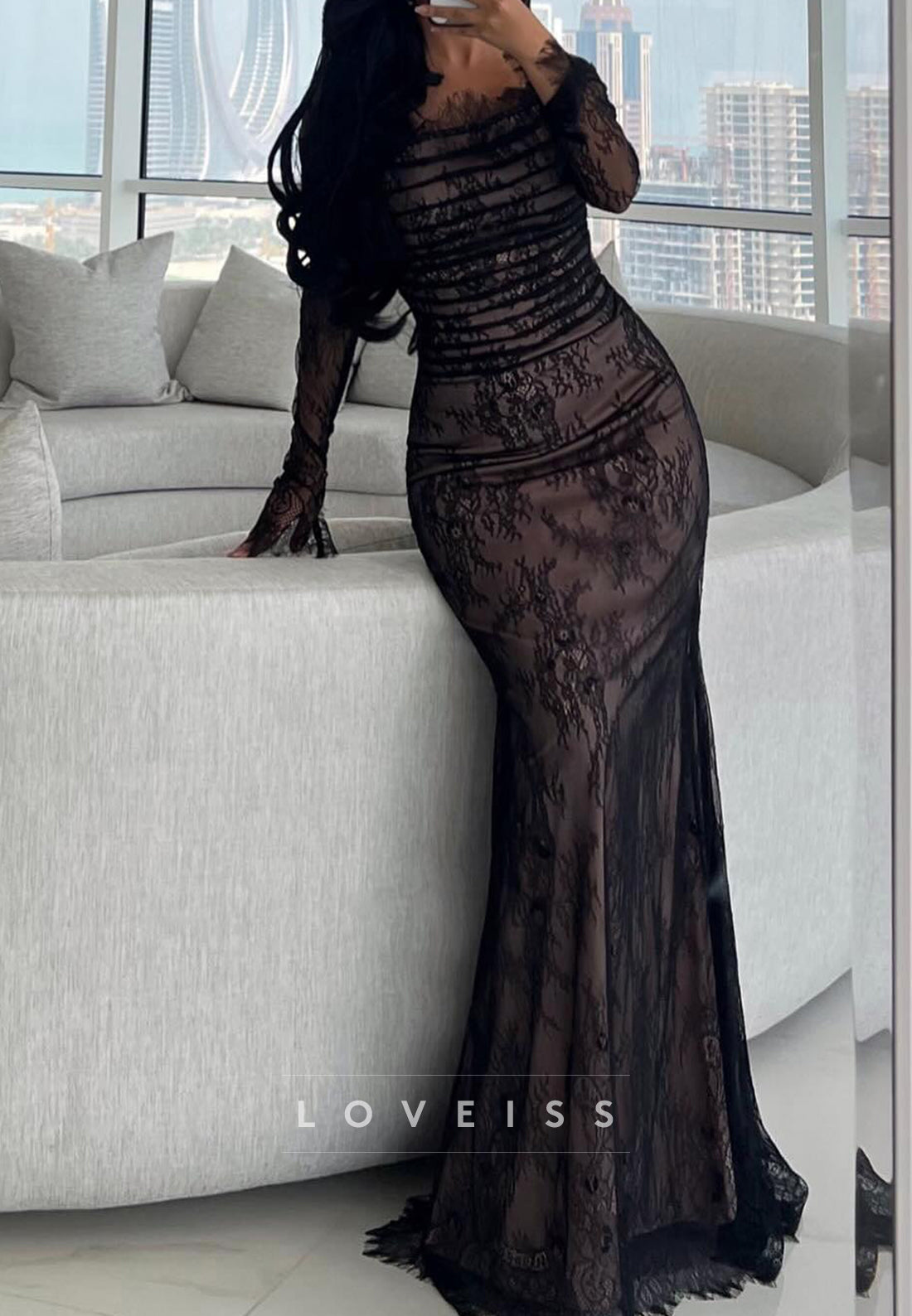 Off-Shoulder Long Sleeves Lace Appliques Mermaid Formal Dress