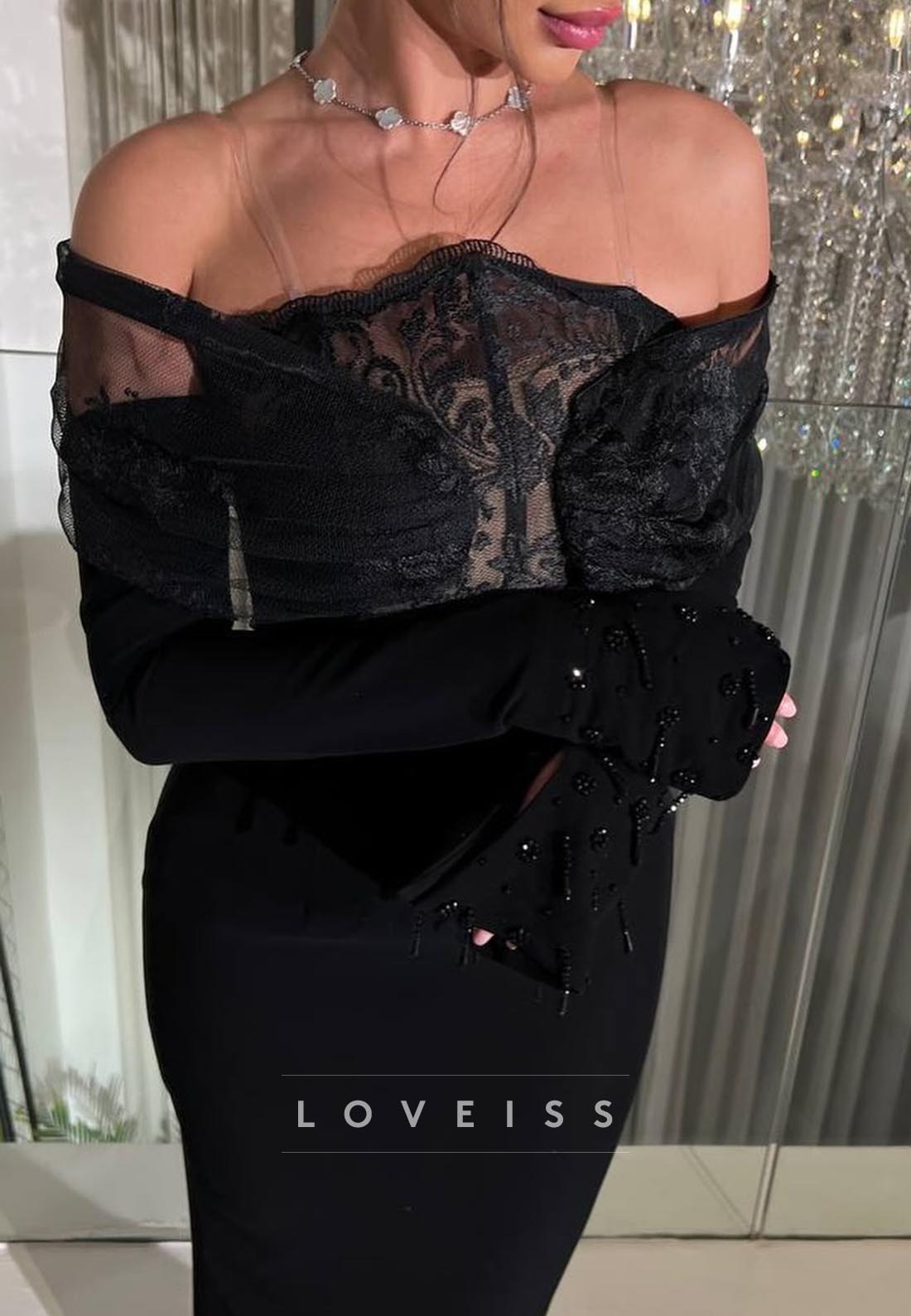 Off-Shoulder Long Sleeves Lace Appliques Mermaid Formla Dress