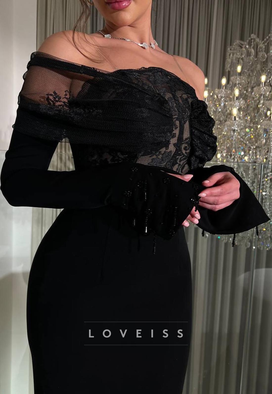 Off-Shoulder Long Sleeves Lace Appliques Mermaid Formla Dress
