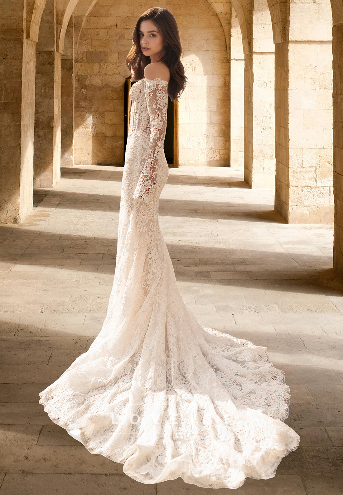 Off-Shoulder Long Sleeves Lace Appliques Mermaid Wedding Dress