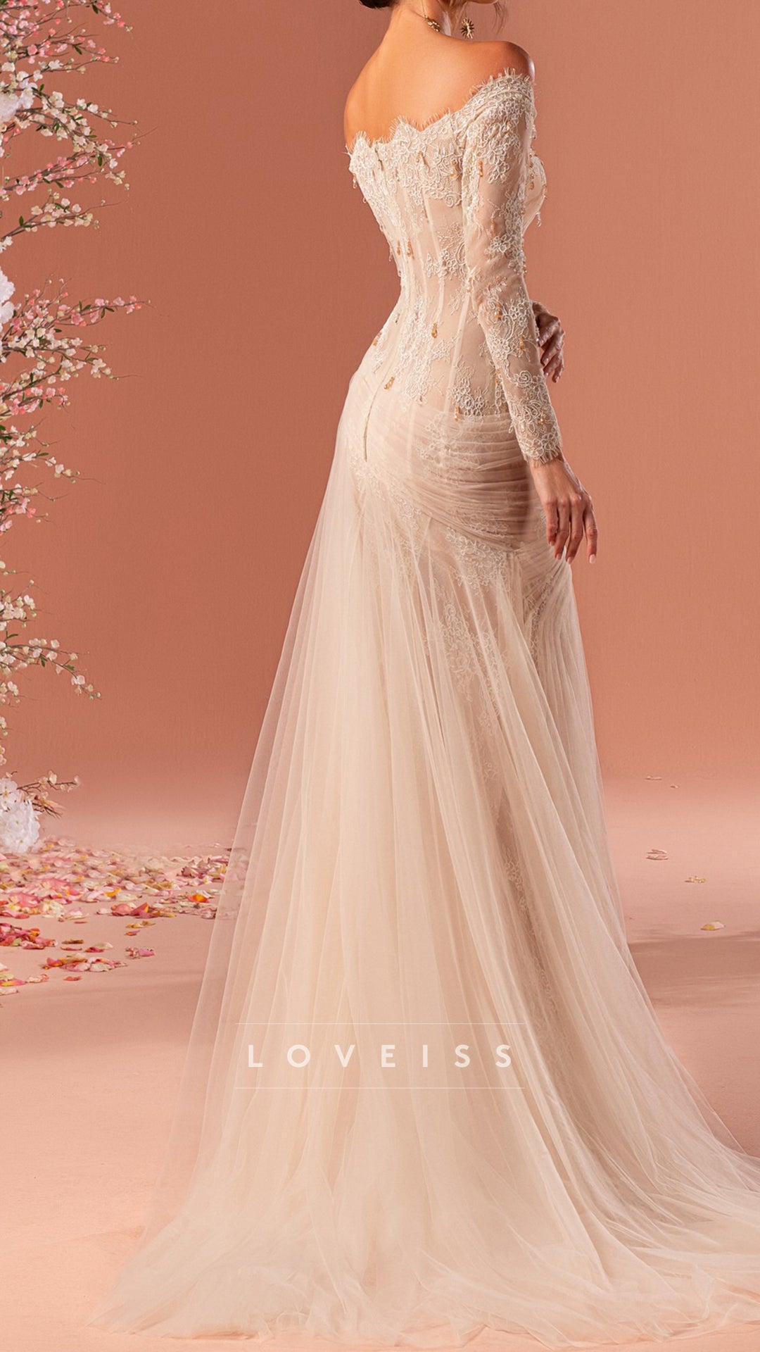 Off-Shoulder Long Sleeves Lace Appliques Mermaid Wedding Dress