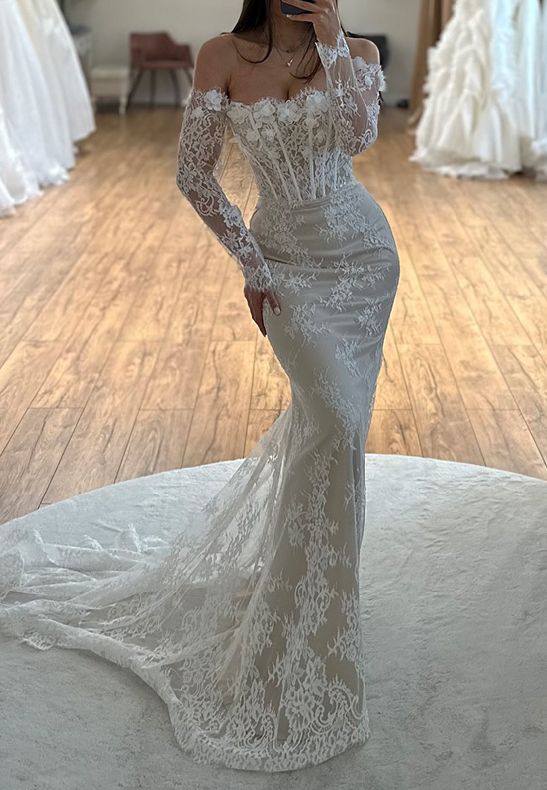 Off-Shoulder Long Sleeves Lace Appliques Mermaid Wedding Dress