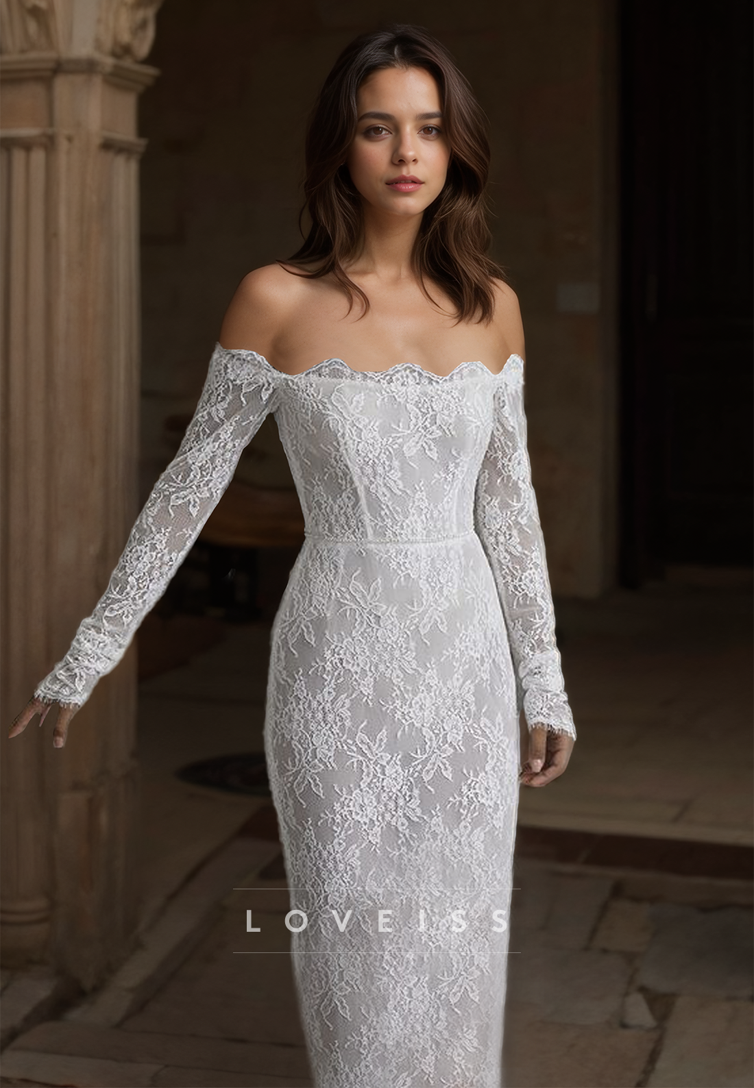 Off-Shoulder Long Sleeves Lace Appliques Mermaid Wedding Dress