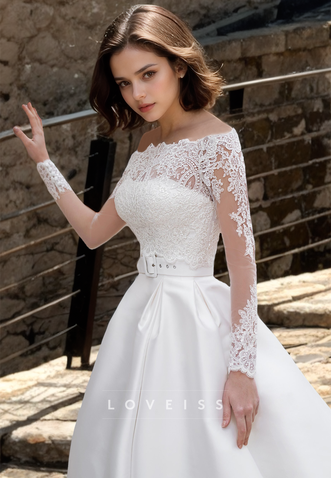 Off-Shoulder Long Sleeves Lace Appliques Pleated Satin A-Line Wedding Dress