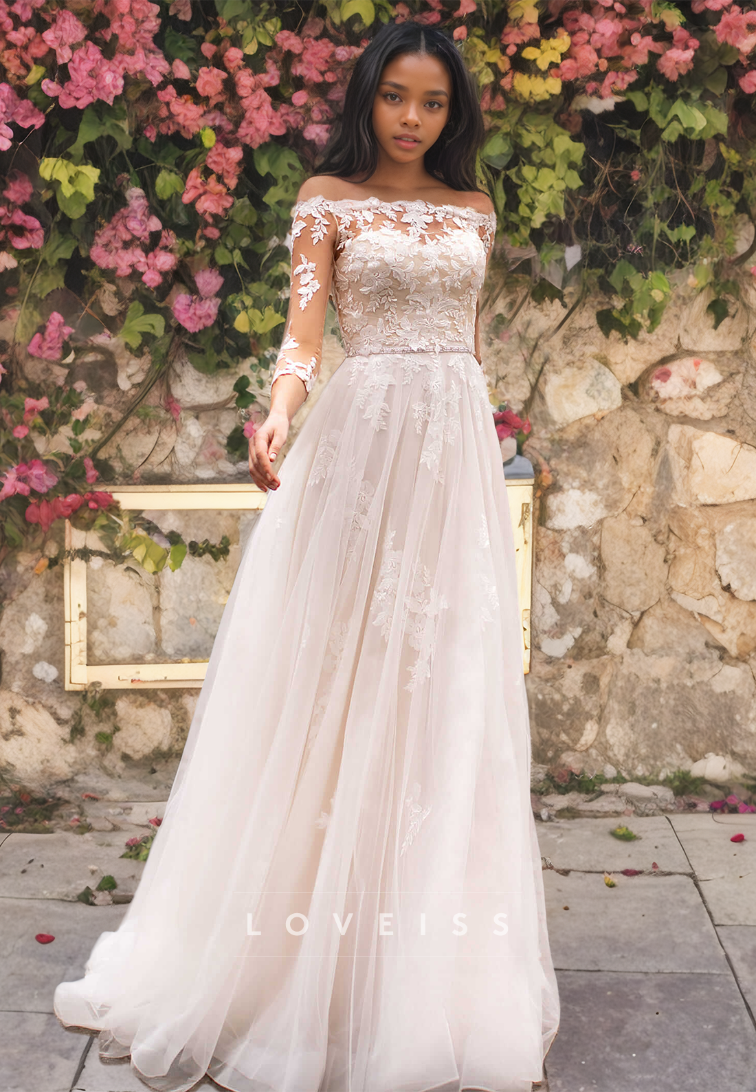 Off-Shoulder Long Sleeves Lace Appliques Tulle A-Line Wedding Dress Loveiss Off-Shoulder Long Sleeves Lace Appliques Tulle A-Line Wedding Dress Loveiss