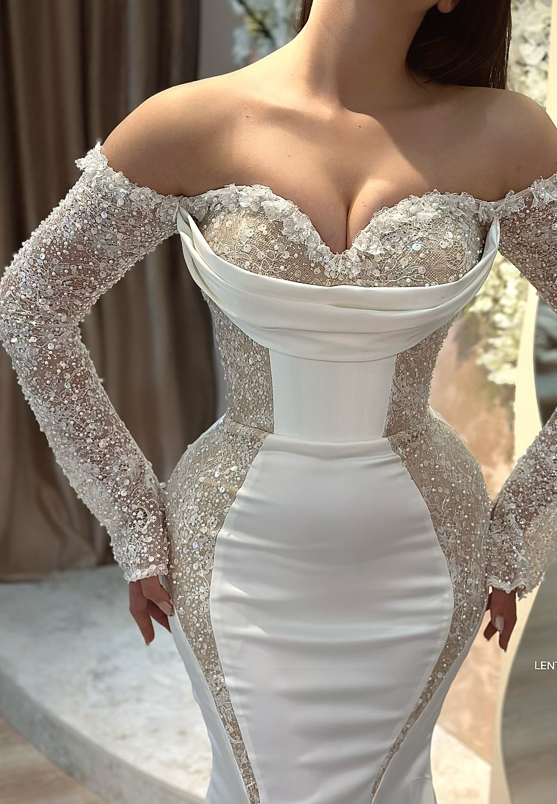 Off-Shoulder Long Sleeves Mermaid Sparkly Evening Dress