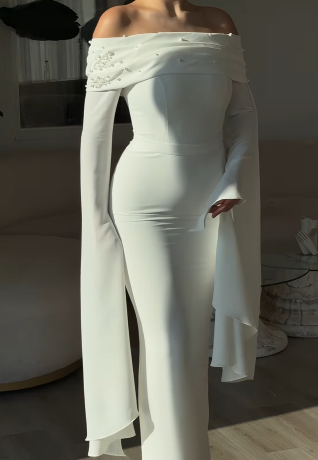 Off-Shoulder Long Sleeves Pearl Sleek Mermaid Formal Dress