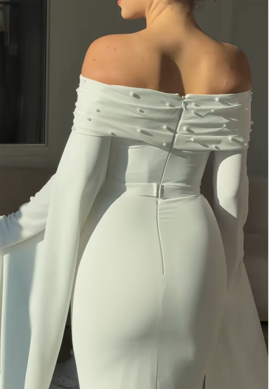 Off-Shoulder Long Sleeves Pearl Sleek Mermaid Formal Dress