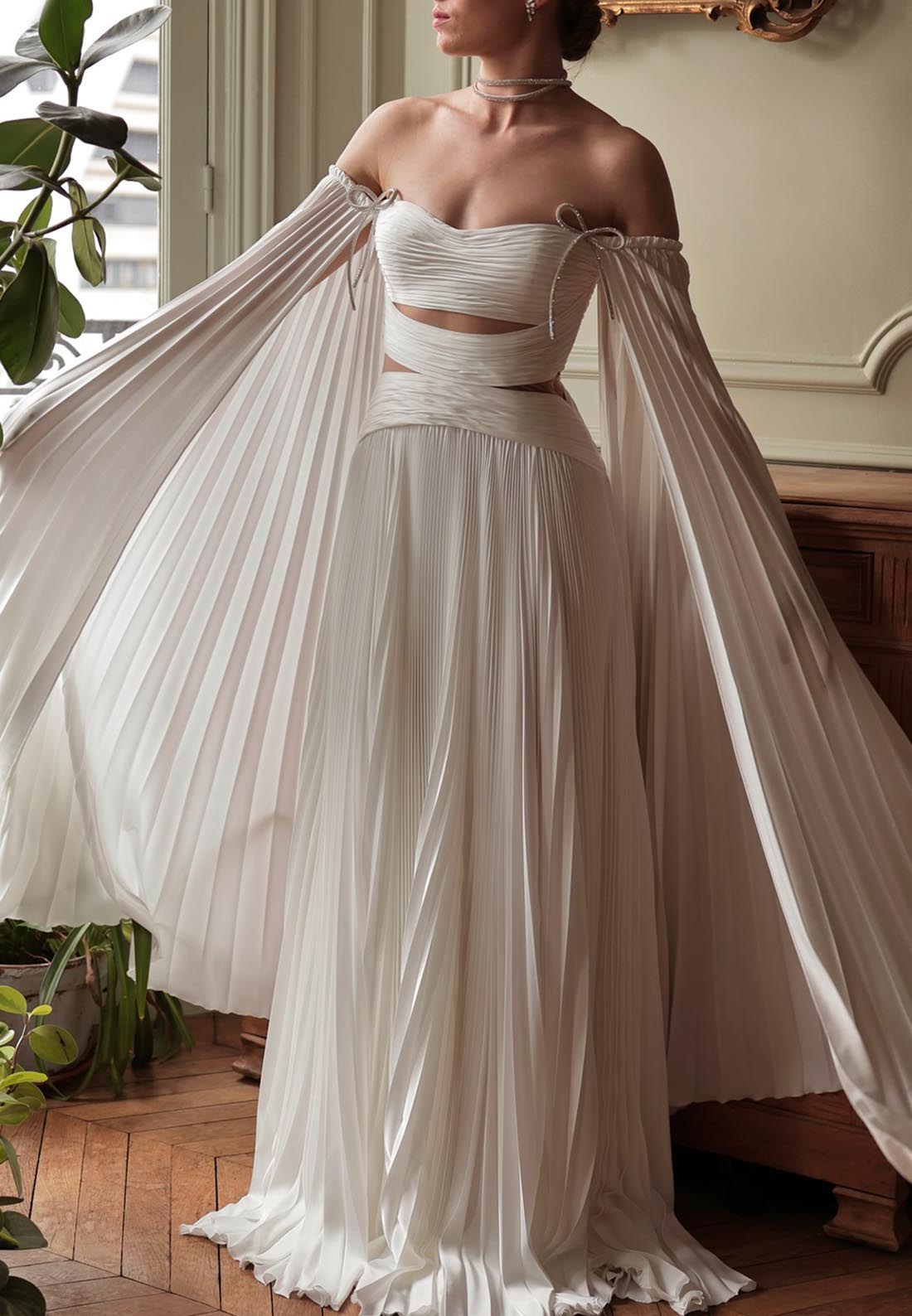 Off-Shoulder Long Sleeves Pleated A-Line Beach Wedding Dress