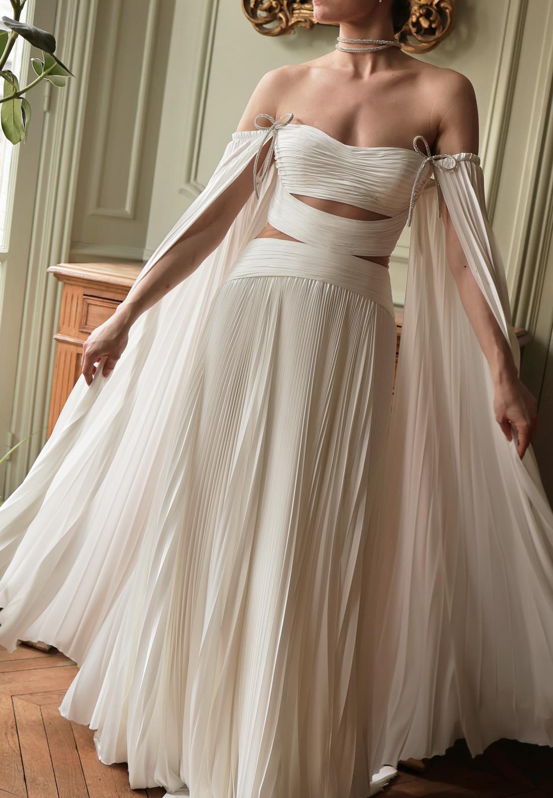 Off-Shoulder Long Sleeves Pleated A-Line Beach Wedding Dress