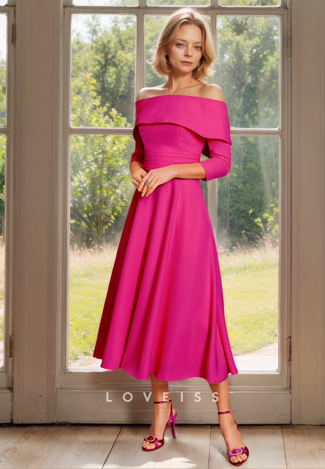Off-Shoulder Long Sleeves Pleated A-Line Mother of Bride Dress