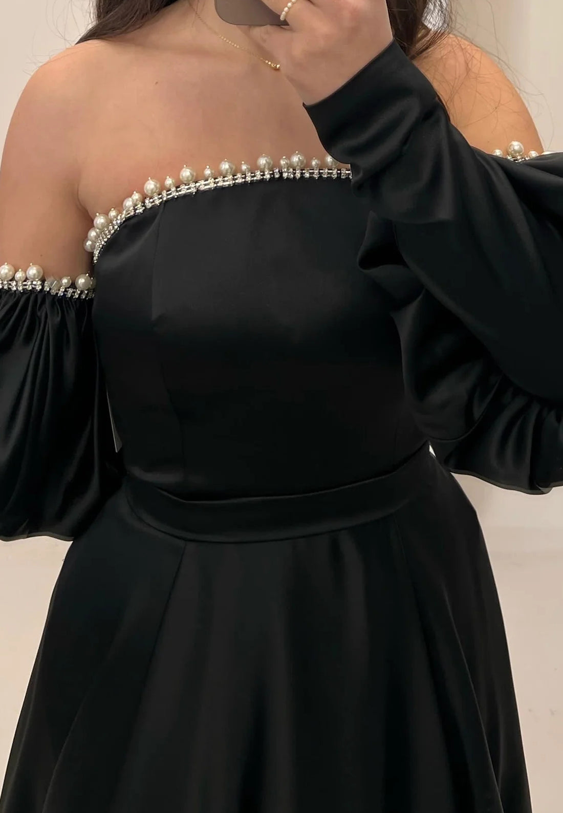 Off-Shoulder Long Sleeves Pleated Beaded A-Line Evening Dress