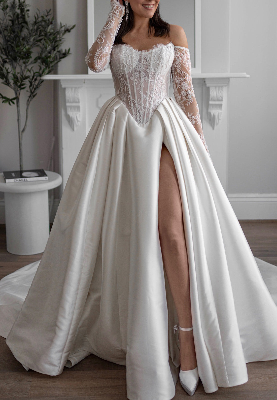 Off-Shoulder Long Sleeves Pleated Satin A-Line Wedding Dress Loveiss Off-Shoulder Long Sleeves Pleated Satin A-Line Wedding Dress Loveiss