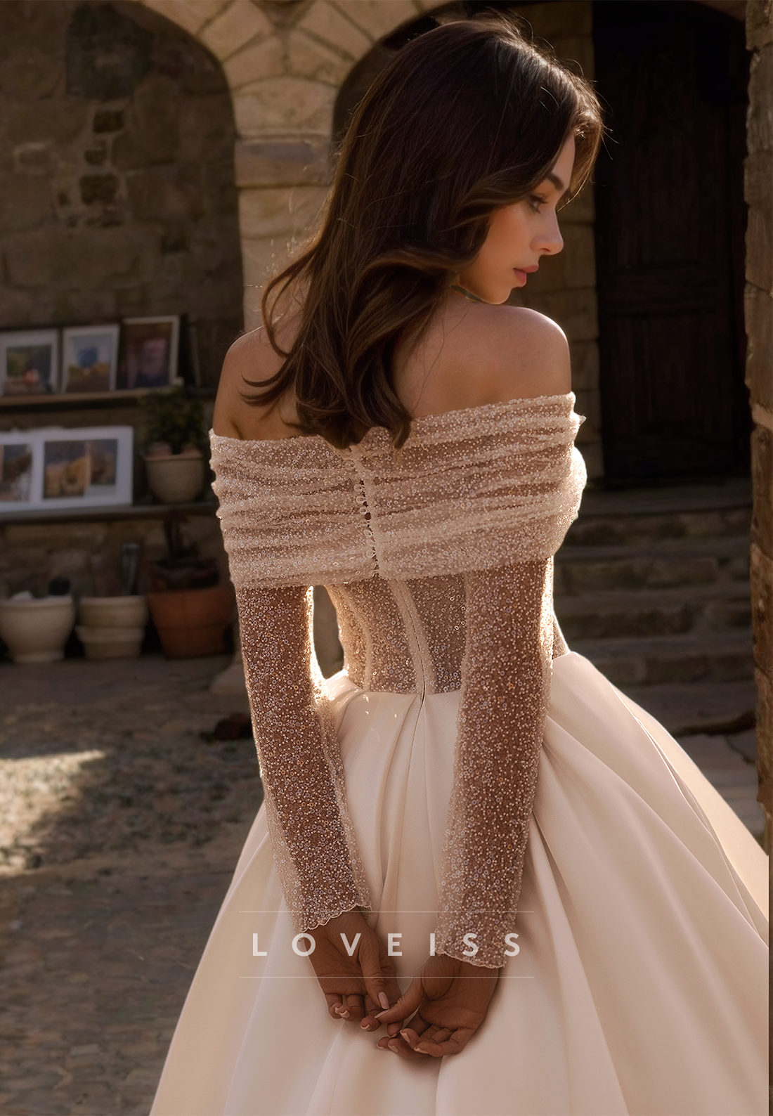 Off-Shoulder Long Sleeves Pleated Satin A-Line Wedding Dress