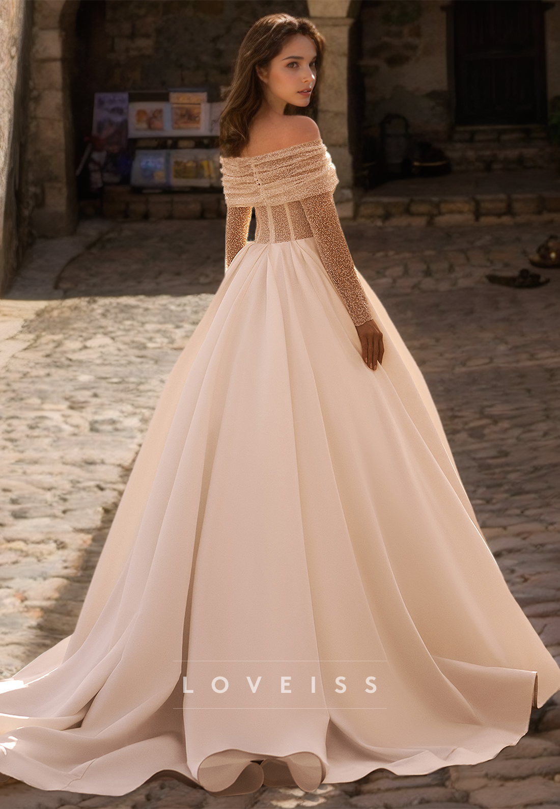 Off-Shoulder Long Sleeves Pleated Satin A-Line Wedding Dress