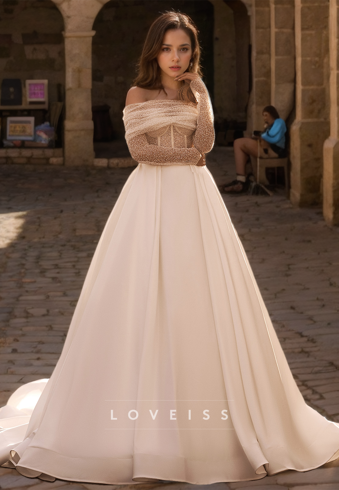Off-Shoulder Long Sleeves Pleated Satin A-Line Wedding Dress