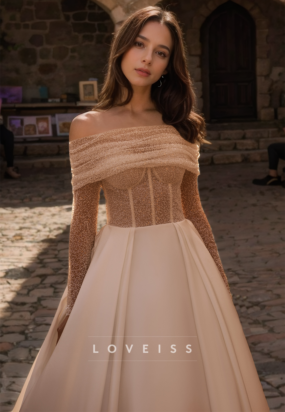 Off-Shoulder Long Sleeves Pleated Satin A-Line Wedding Dress