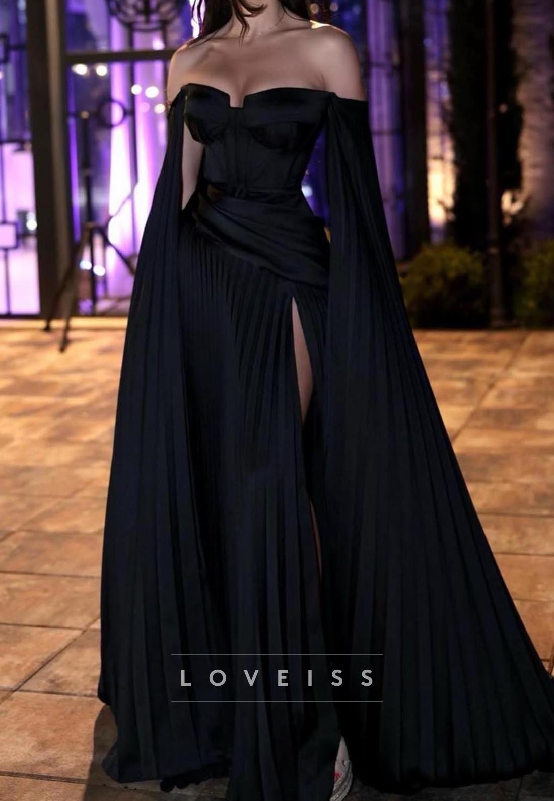 Off-Shoulder Long Sleeves Pleated Side Slit A-Line Prom Dress
