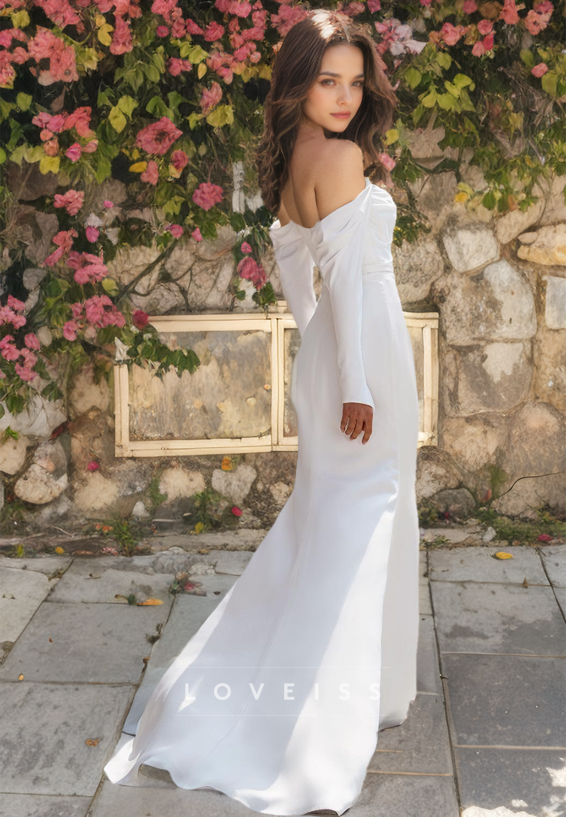 Off-Shoulder Long Sleeves Pleated Sleek Mermaid Sweep Train Wedding Dress