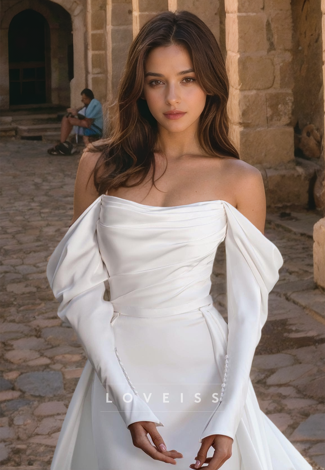 Off-Shoulder Long Sleeves Pleated Sleek Mermaid Sweep Train Wedding Dress