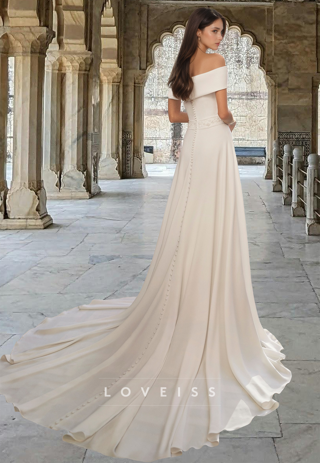 Off-Shoulder Long Sleeves Pleated Sweep Train A-Line Classic Wedding Dress