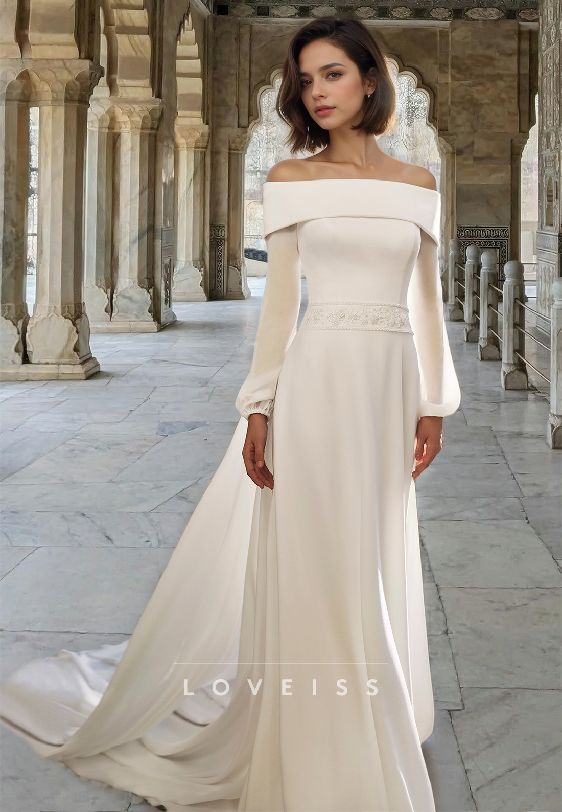 Off-Shoulder Long Sleeves Pleated Sweep Train A-Line Classic Wedding Dress