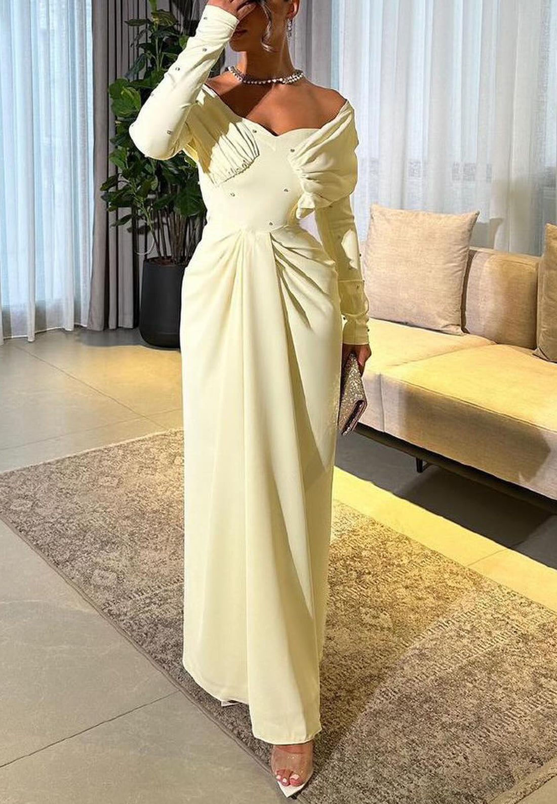 Off-Shoulder Long Sleeves Ruched Beaded Sheath Evening Dress