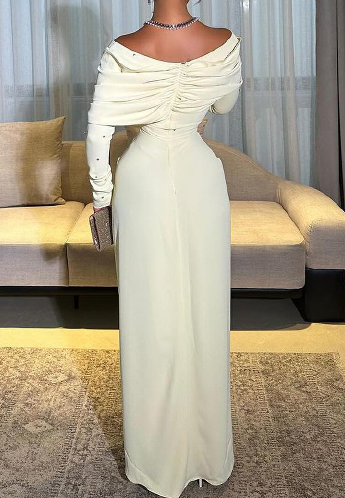Off-Shoulder Long Sleeves Ruched Beaded Sheath Evening Dress