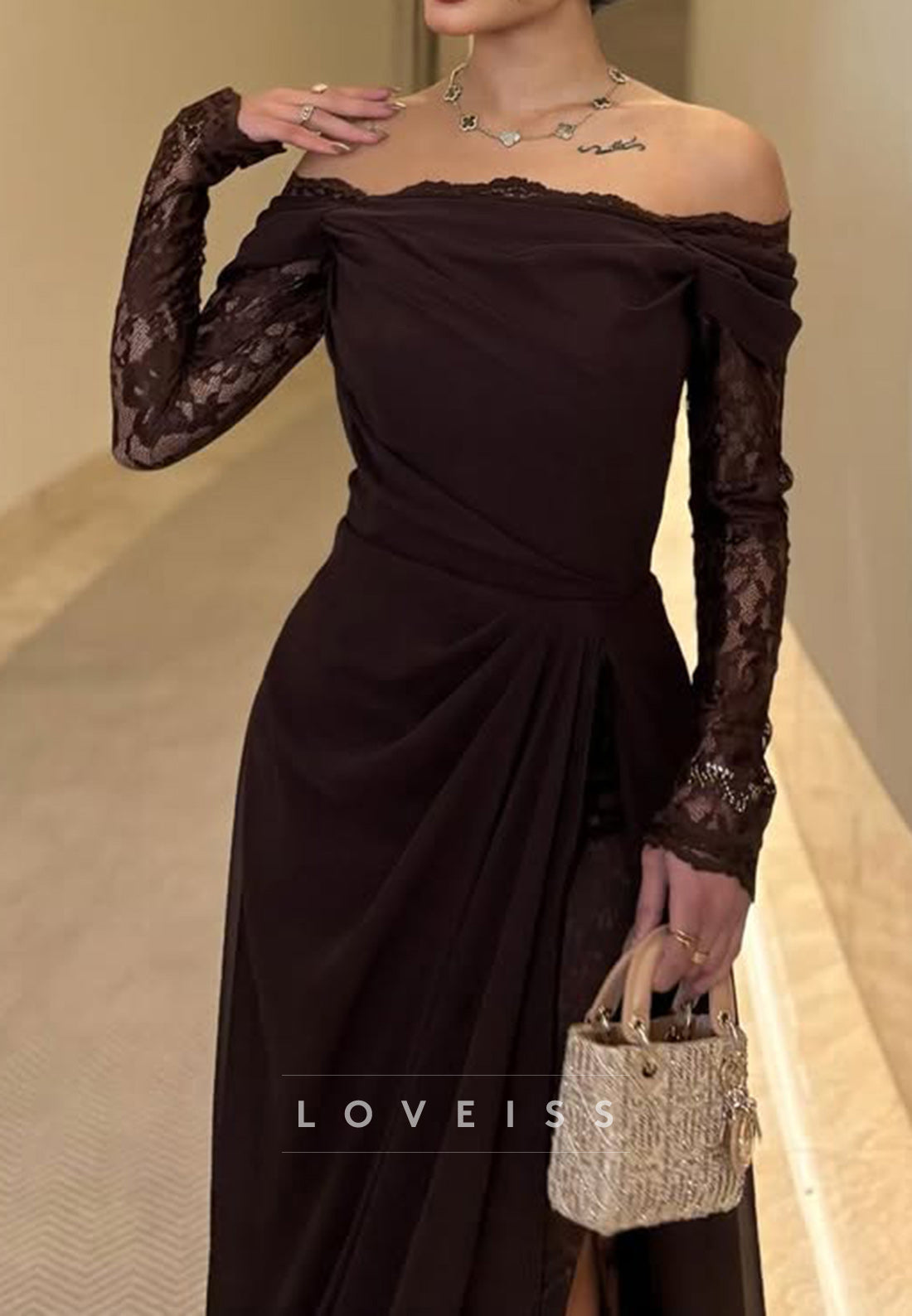 Off-Shoulder Long Sleeves Ruched Pleated Sheath Prom Dress