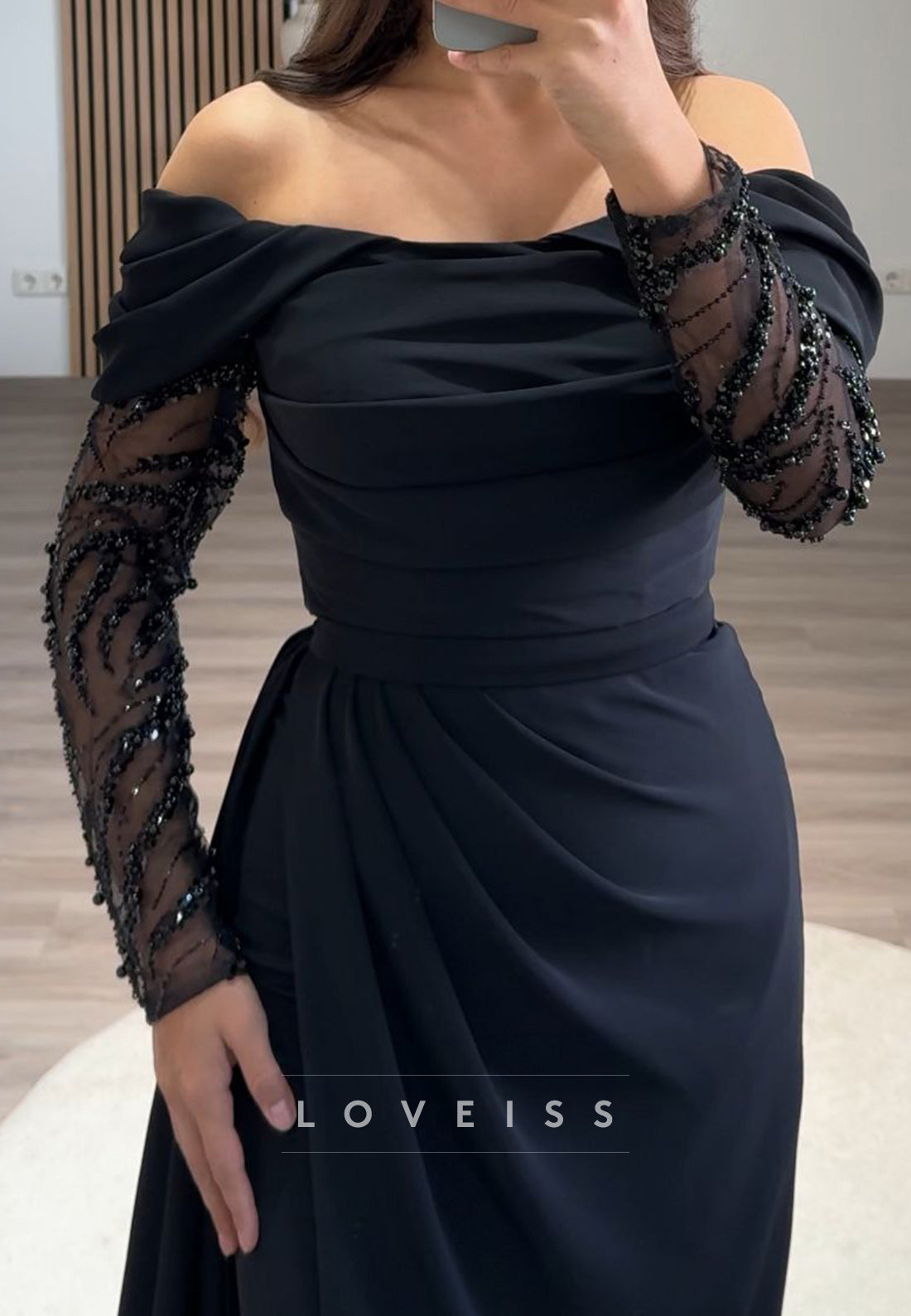 Off-Shoulder Long Sleeves Ruched Sheath Formal Dress
