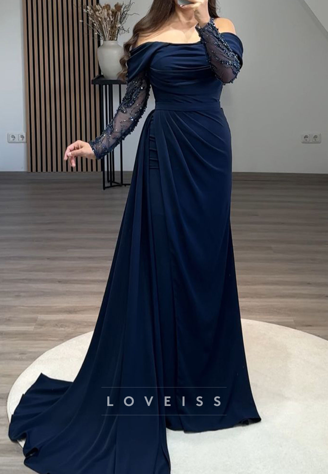Off-Shoulder Long Sleeves Ruched Sheath Formal Dress