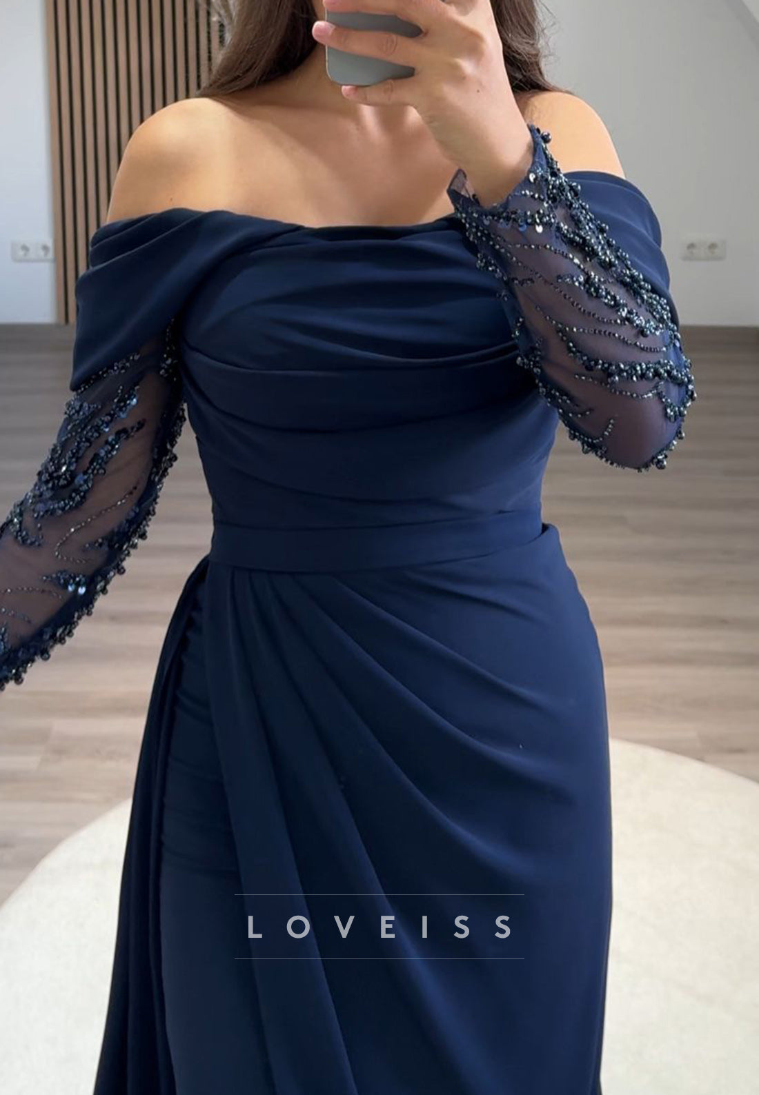 Off-Shoulder Long Sleeves Ruched Sheath Formal Dress
