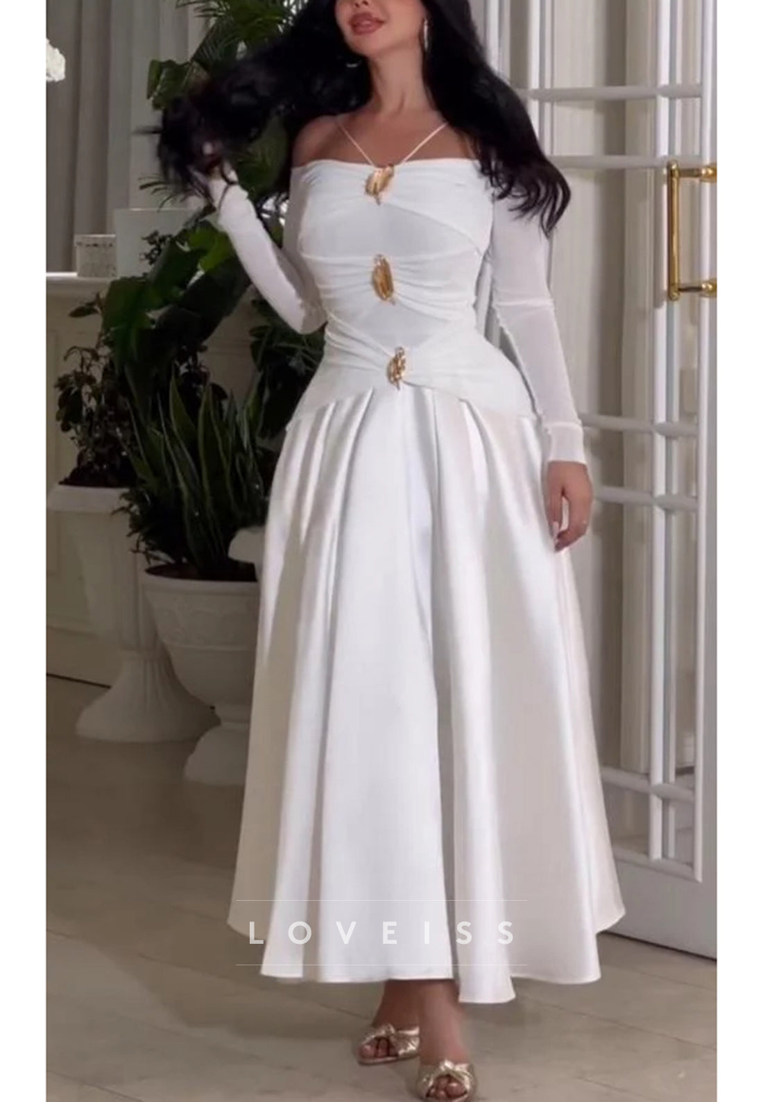 High Neck Long Sleeves Pleated Sleek A-Line Mother of Bride Dress – Loveiss