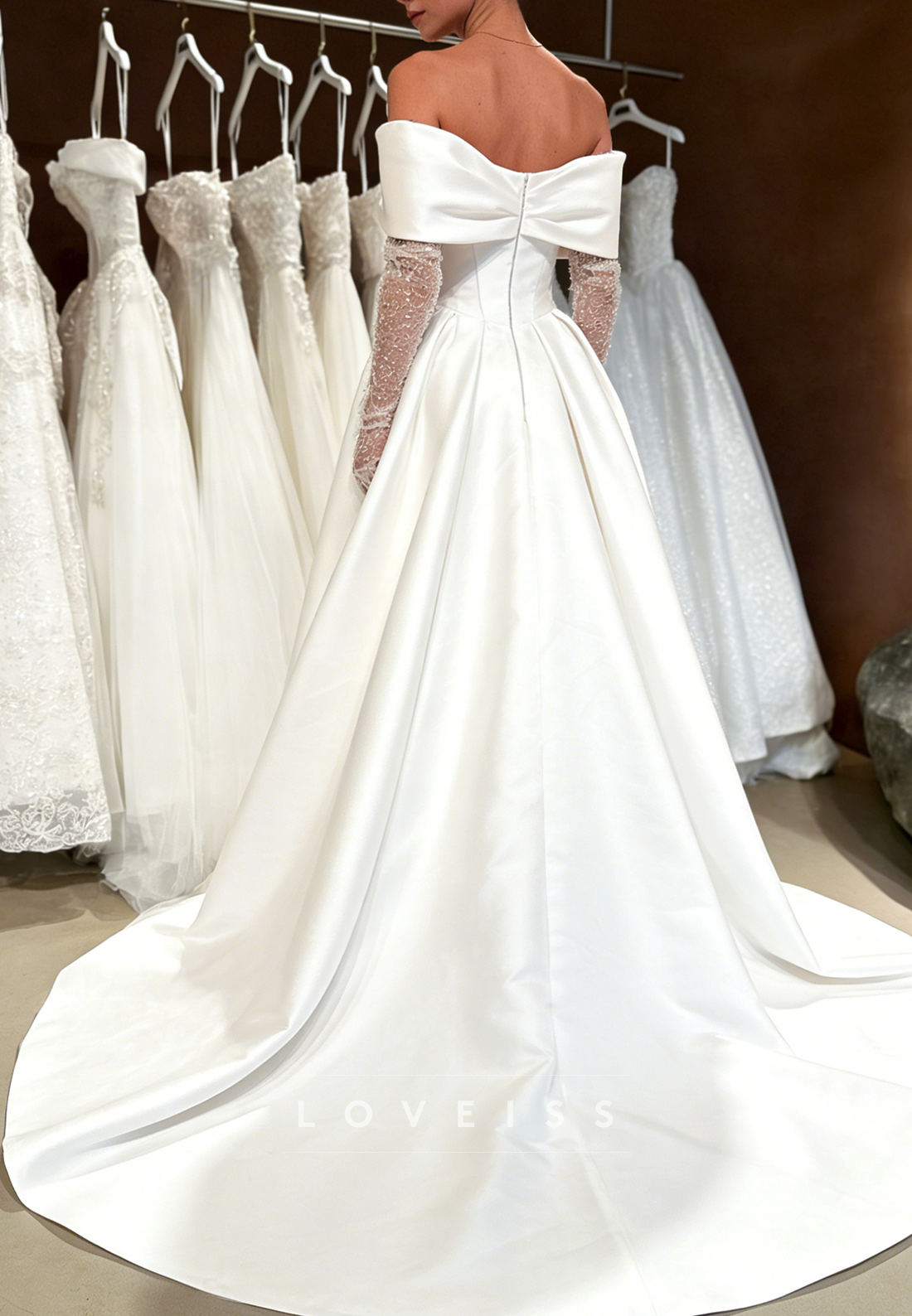 Off-Shoulder Long Sleeves Satin A-Line Wedding Dress