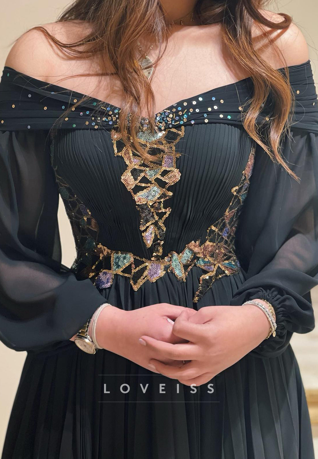 Off-Shoulder Long Sleeves Sequins Appliques A-Line Prom Dress