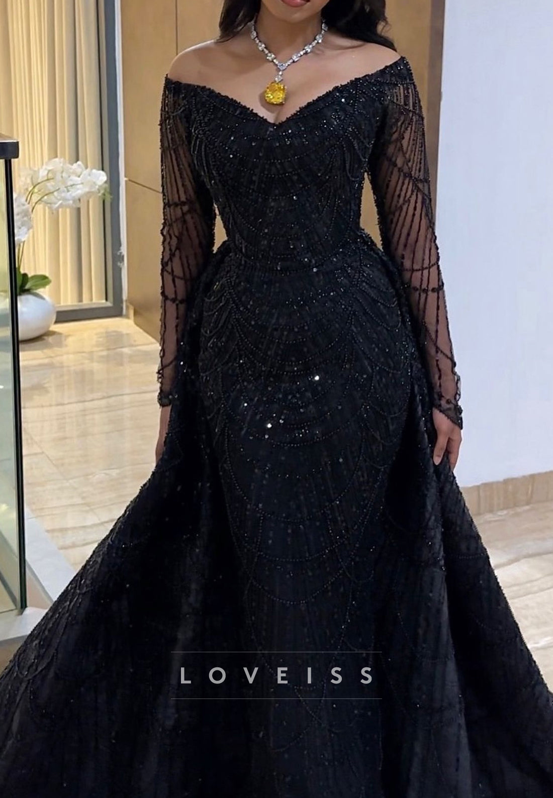 Off-Shoulder Long Sleeves Sequins Beaded Sparkly Mermaid Evening Dress