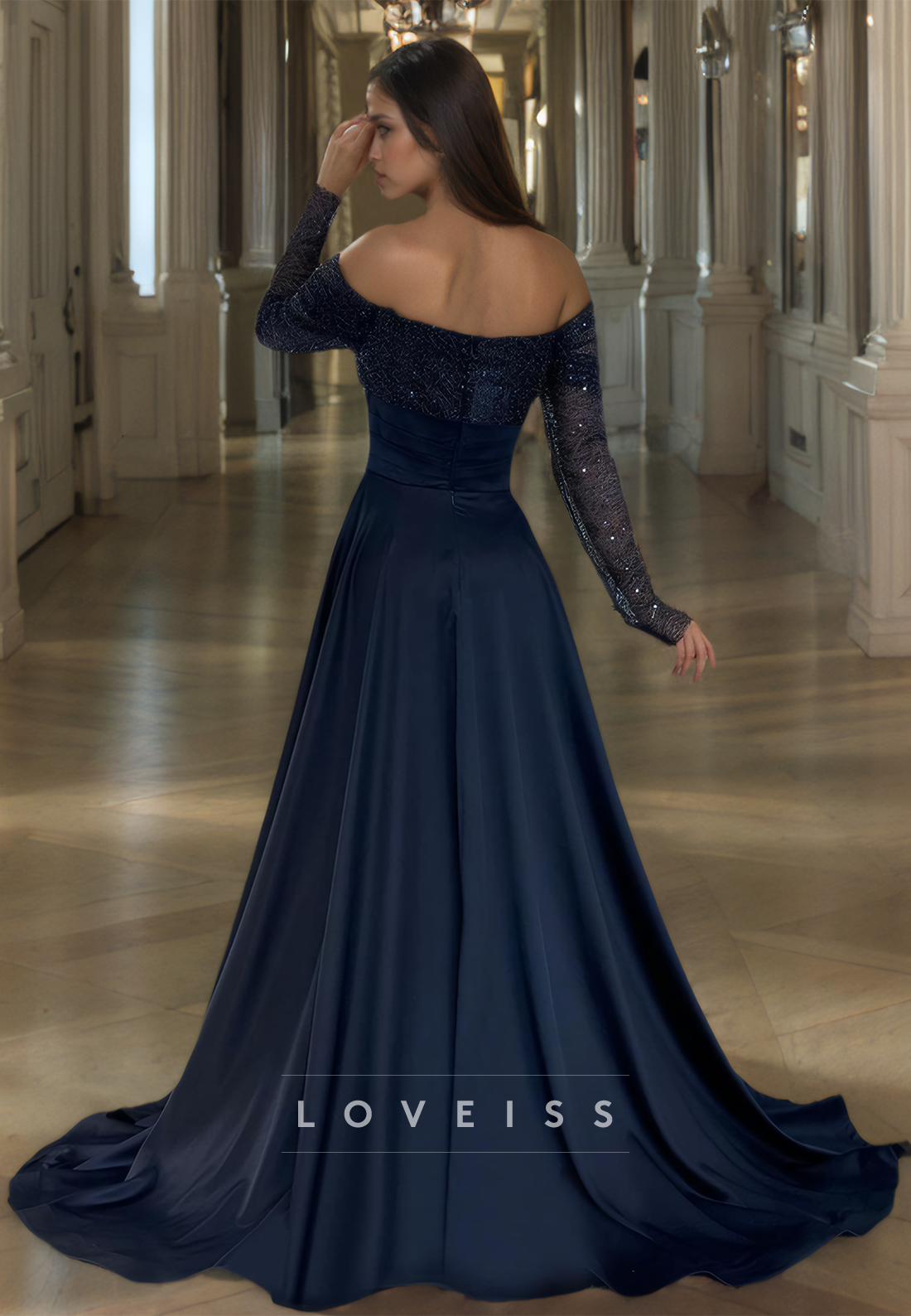 Off-Shoulder Long Sleeves Sequins Mermaid Prom Dress