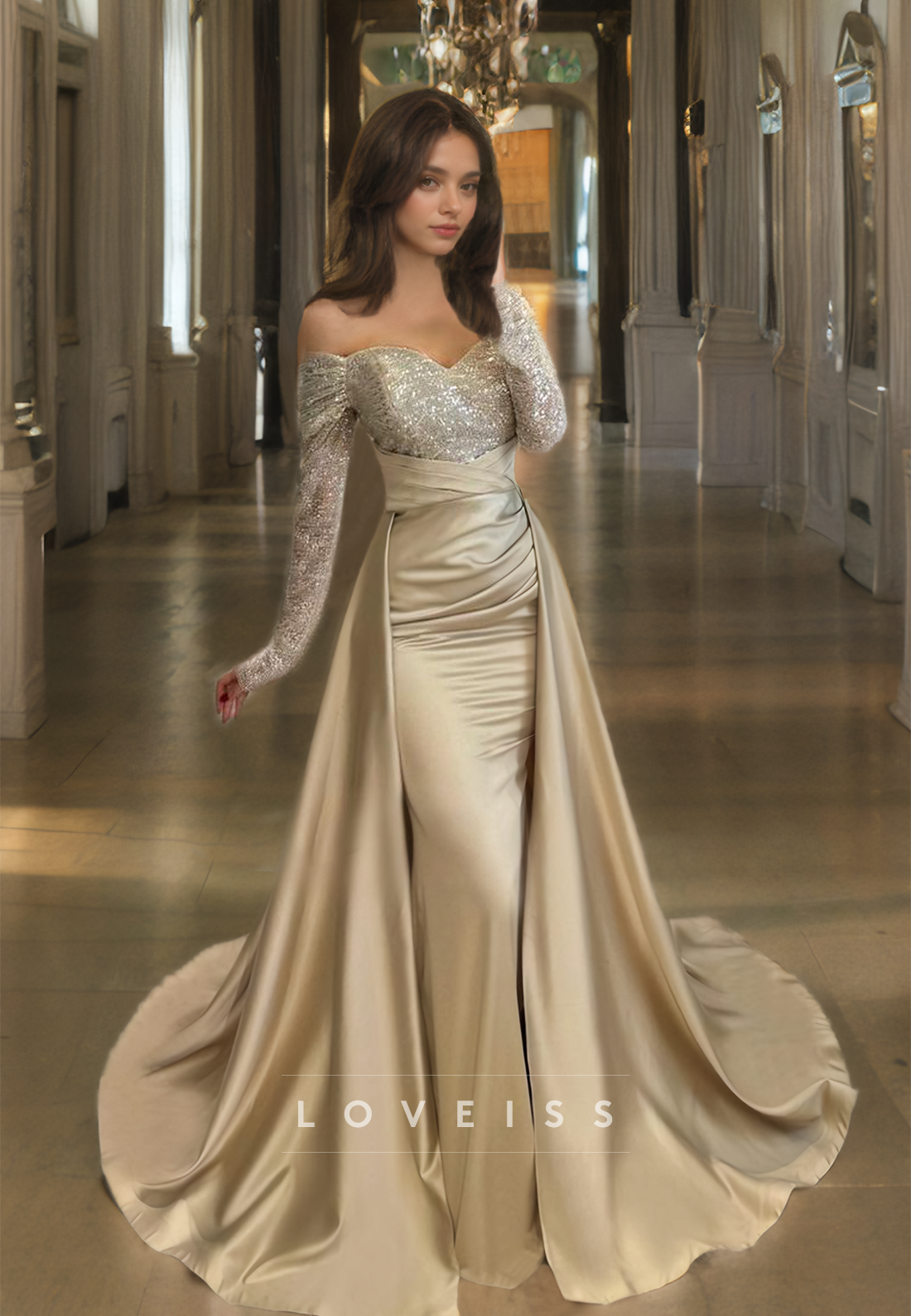 Off-Shoulder Long Sleeves Sequins Mermaid Prom Dress