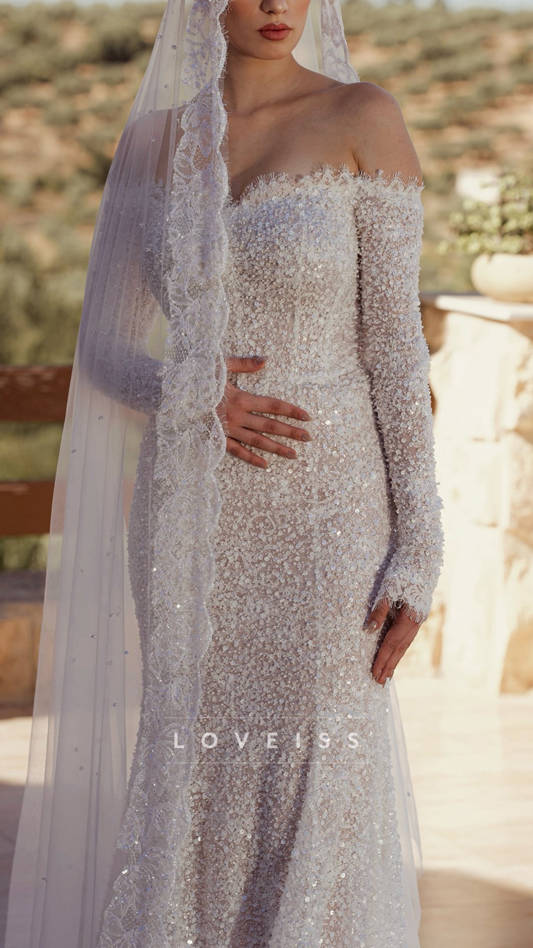 Off-Shoulder Long Sleeves Sequins Mermaid Wedding Dress