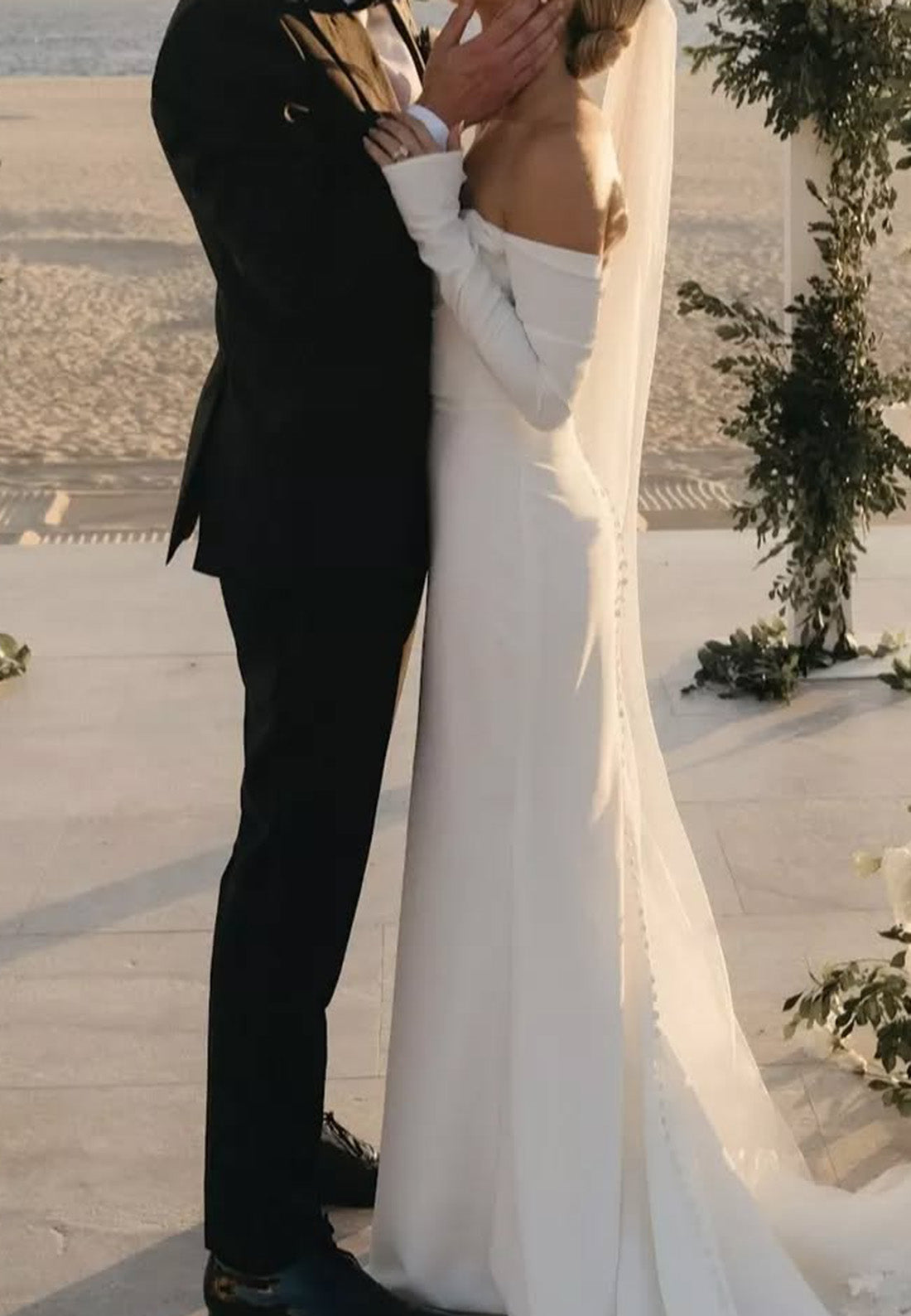 Off-Shoulder Long Sleeves Sleek Mermaid Beach Wedding Dress
